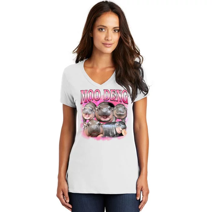 Pink Moo Deng Meme Hippo Funny Women's V-Neck T-Shirt