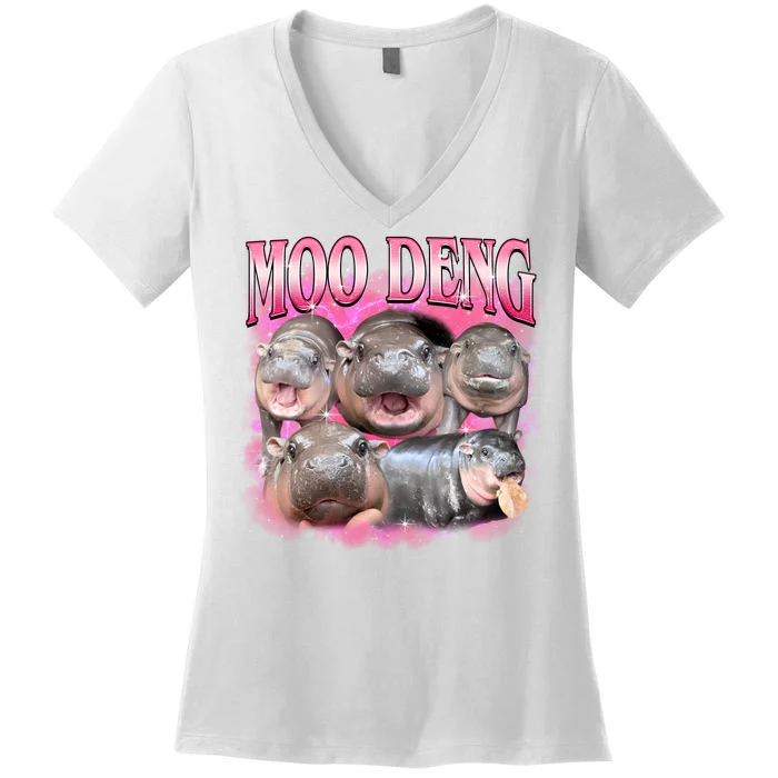 Pink Moo Deng Meme Hippo Funny Women's V-Neck T-Shirt