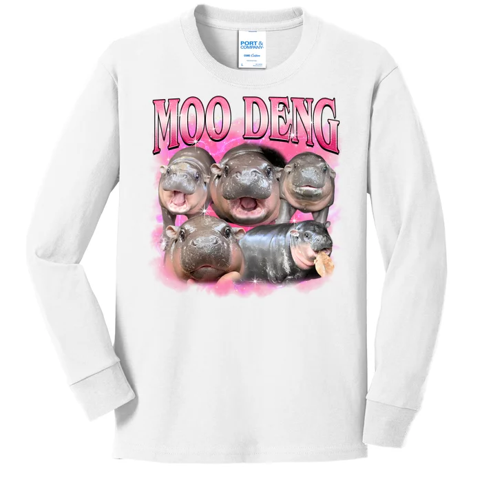 Pink Moo Deng Meme Hippo Funny Kids Long Sleeve Shirt