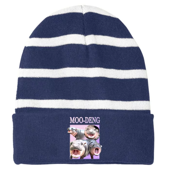 Purple Moo Deng Meme Hippo Funny Striped Beanie with Solid Band