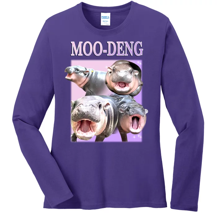 Purple Moo Deng Meme Hippo Funny Ladies Long Sleeve Shirt