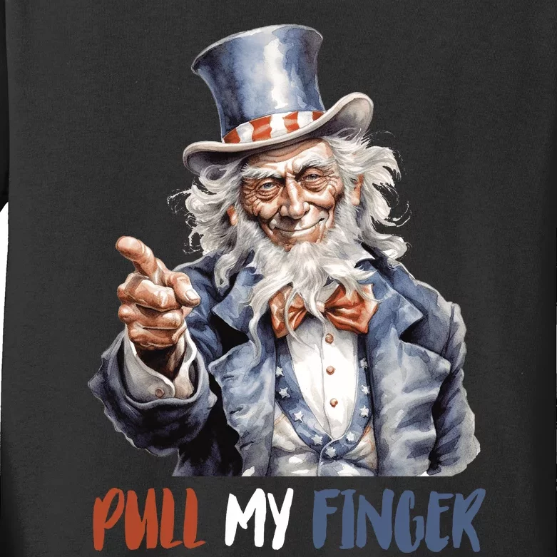 Pull My Finger Uncle Sam 4th Of July Funny Kids Long Sleeve Shirt