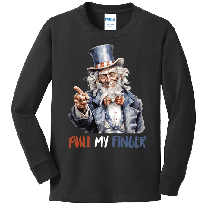 Pull My Finger Uncle Sam 4th Of July Funny Kids Long Sleeve Shirt