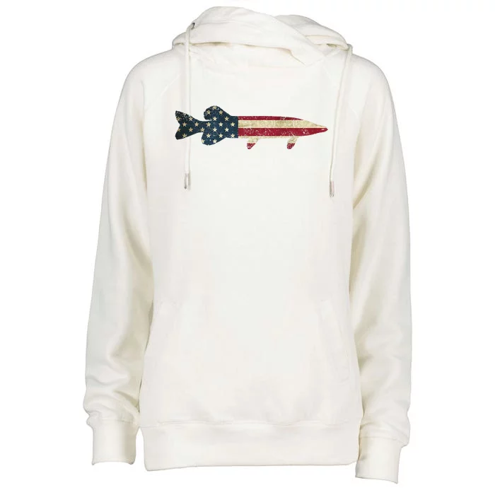 Pike Musky Fishing American Flag Vintage Patriotic Fisherman Womens Funnel Neck Pullover Hood