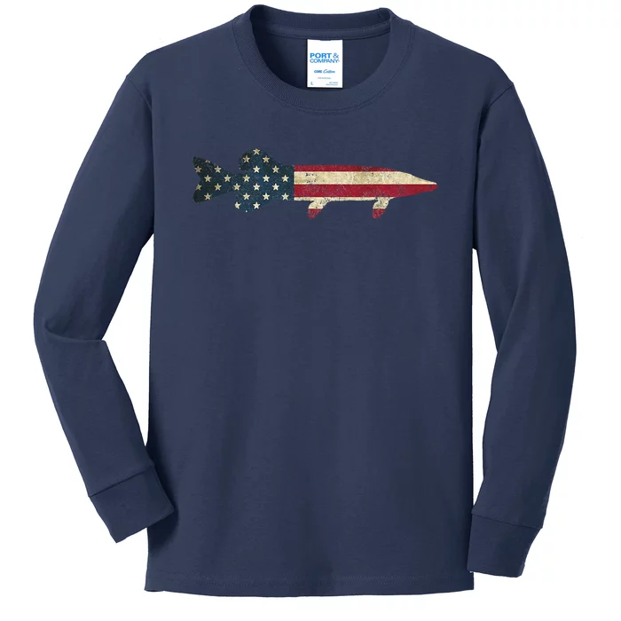 Pike Musky Fishing American Flag Vintage Patriotic Fisherman Kids Long Sleeve Shirt