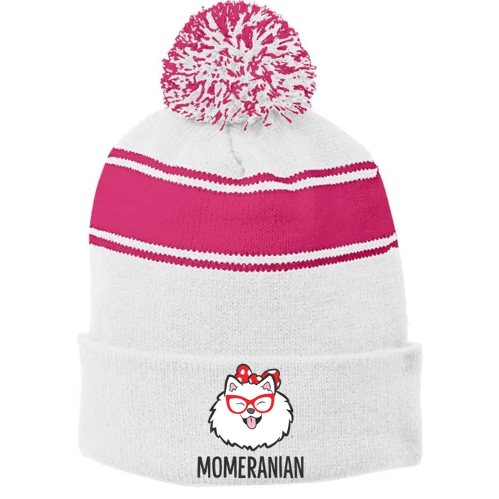 Pomeranian Mom Funny Momeranian Cute Pomeranian Stripe Pom Pom Beanie