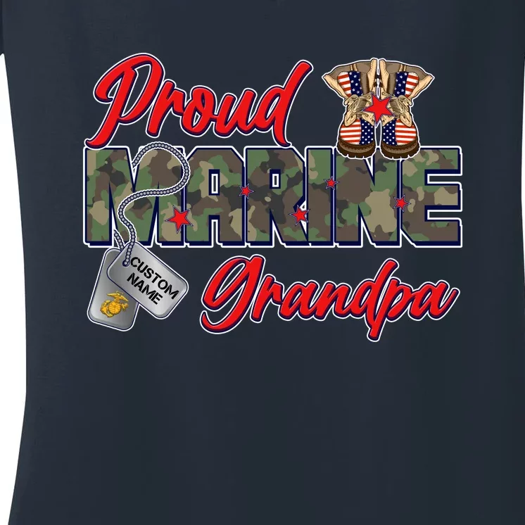 Proud Marine Grandpa Personalize Dog Tags Women's V-Neck T-Shirt