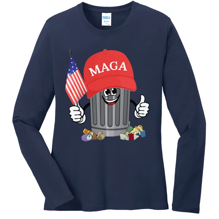 Proud Maga Garbage Trump Supporter Trash Can Cartoon Funny Gift Ladies Long Sleeve Shirt