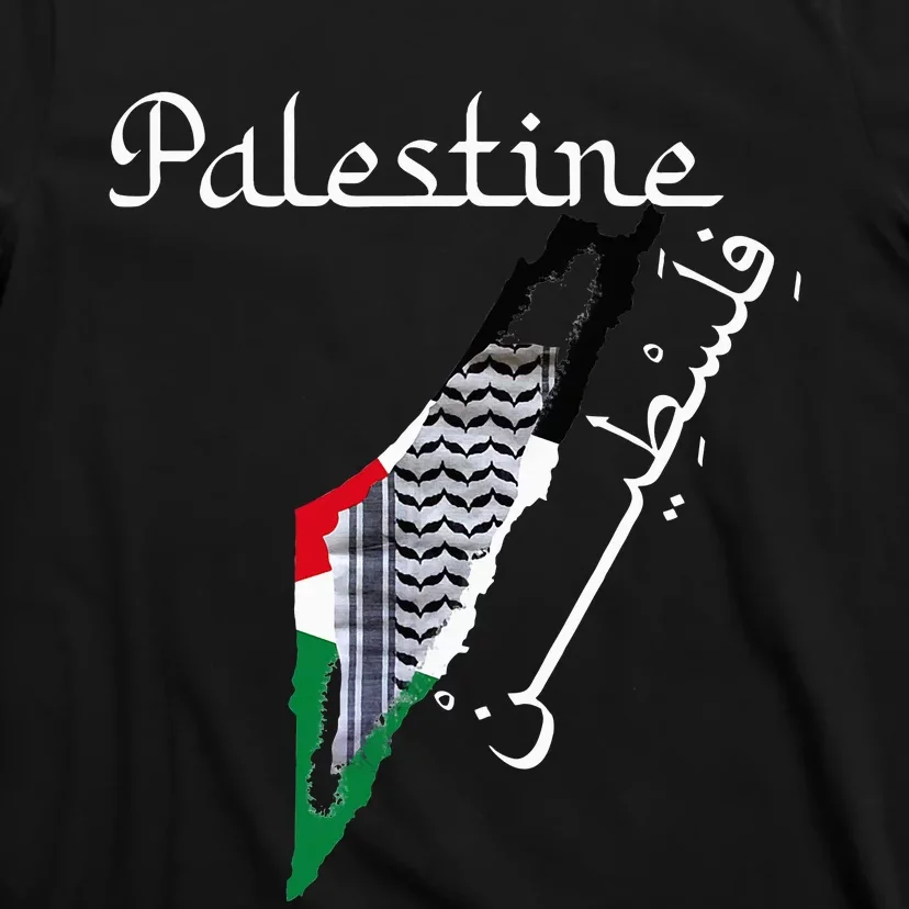 Palestine Map Keffiyeh Scarf Palestinian Flag in Arabic T-Shirt