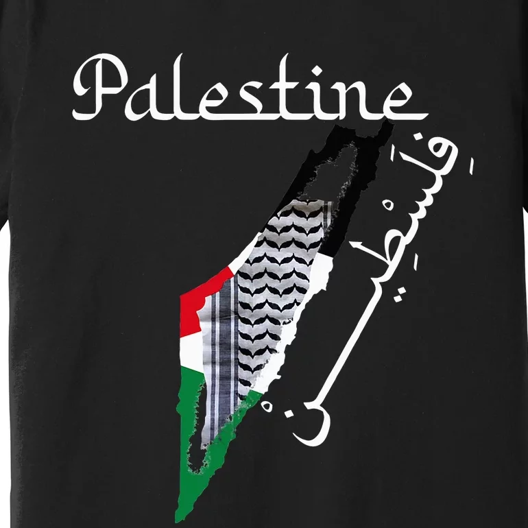 Palestine Map Keffiyeh Scarf Palestinian Flag in Arabic Premium T-Shirt