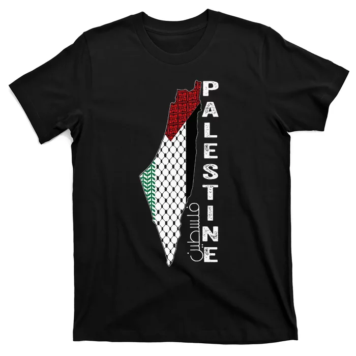 Palestinian Map Keffiyeh Thobe Patterns Palestine In Arabic T-Shirt ...