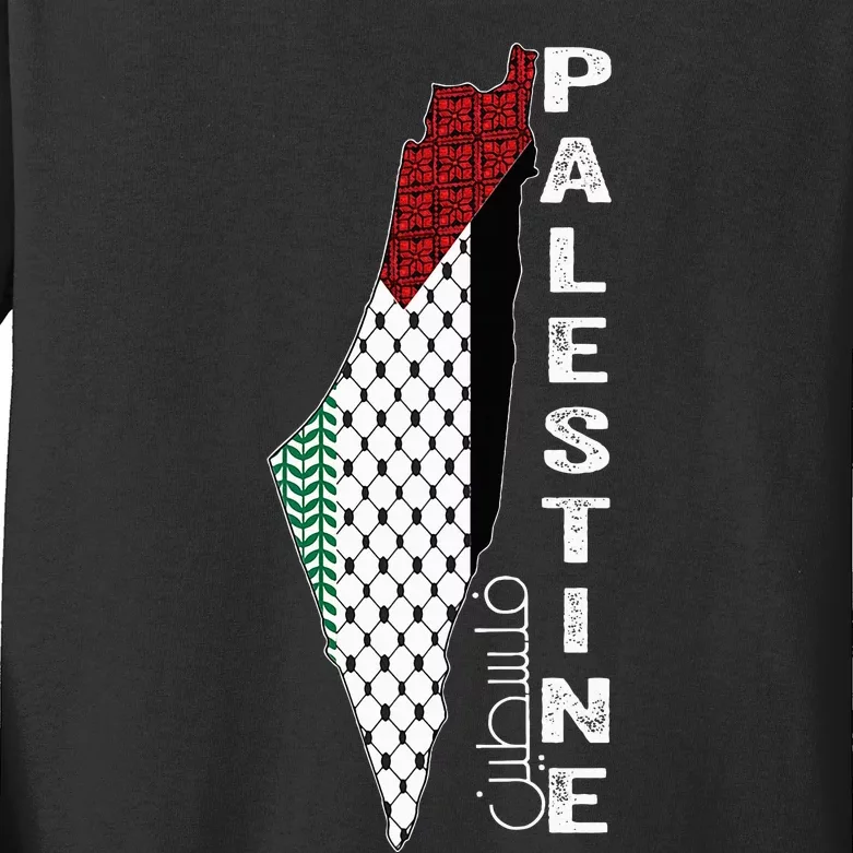 Palestinian Map Keffiyeh Thobe Patterns Palestine In Arabic Kids Long Sleeve Shirt