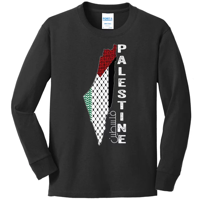 Palestinian Map Keffiyeh Thobe Patterns Palestine In Arabic Kids Long Sleeve Shirt