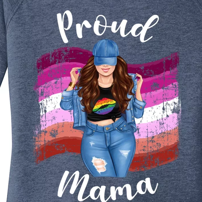 Proud Mama Lesbian Pride Lgbtq Brunette Mom Lesbian Flag Gift Women's Perfect Tri Tunic Long Sleeve Shirt