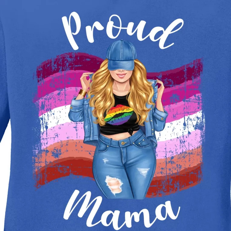 Proud Mama Lesbian Pride Lgbtq Blonde Mom Lesbian Flag Gift Ladies Long Sleeve Shirt