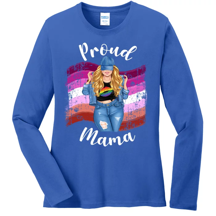 Proud Mama Lesbian Pride Lgbtq Blonde Mom Lesbian Flag Gift Ladies Long Sleeve Shirt