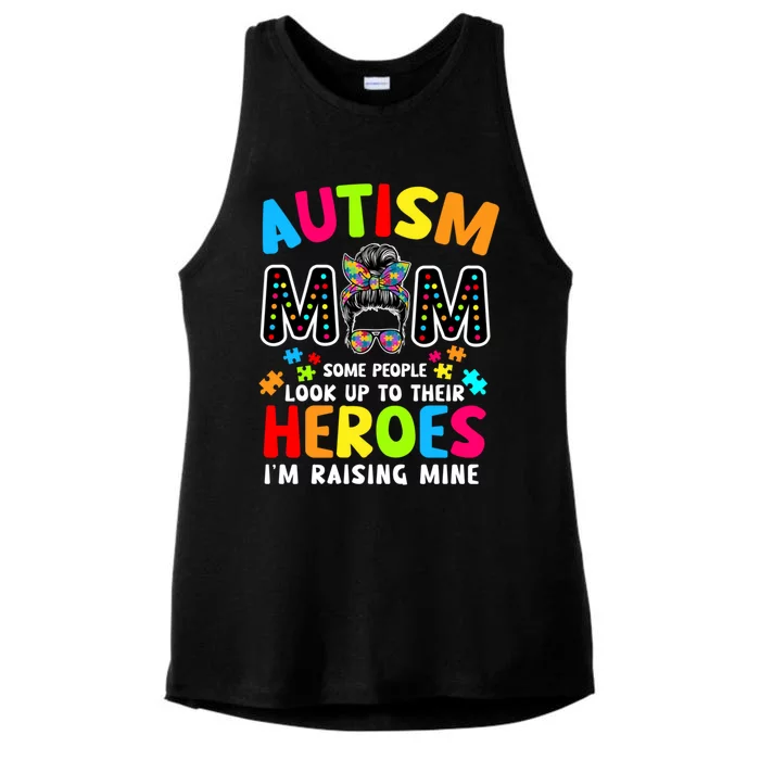 Puzzle Mommy Mama Autism Mom Raising Heroes Messy Bun Cute Gift Ladies Tri-Blend Wicking Tank