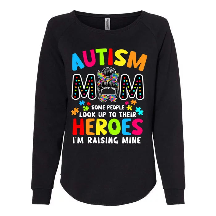 Puzzle Mommy Mama Autism Mom Raising Heroes Messy Bun Cute Gift Womens California Wash Sweatshirt