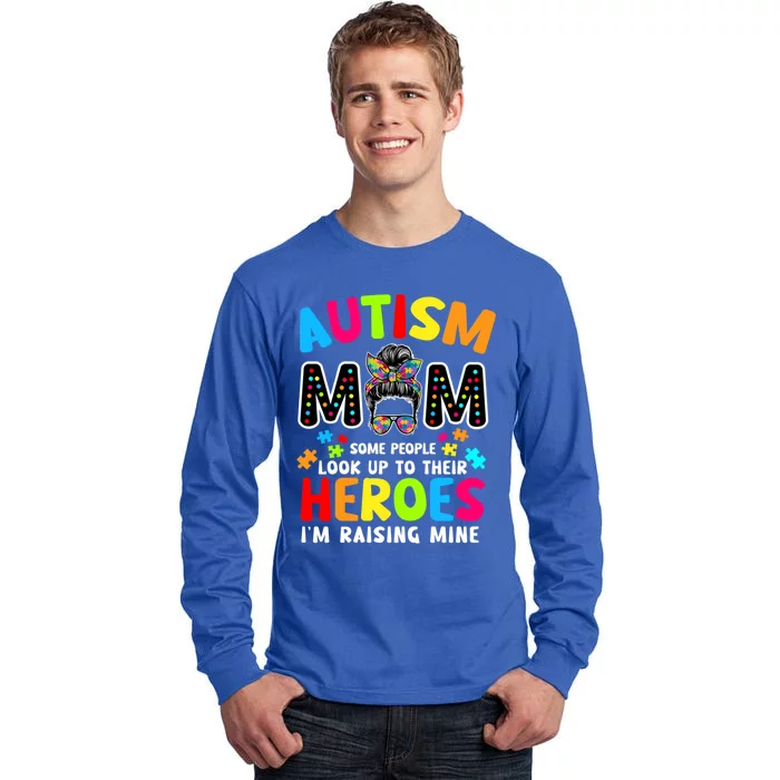 Puzzle Mommy Mama Autism Mom Raising Heroes Messy Bun Cute Gift Tall Long Sleeve T-Shirt