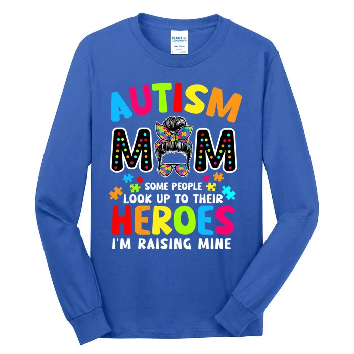 Puzzle Mommy Mama Autism Mom Raising Heroes Messy Bun Cute Gift Tall Long Sleeve T-Shirt