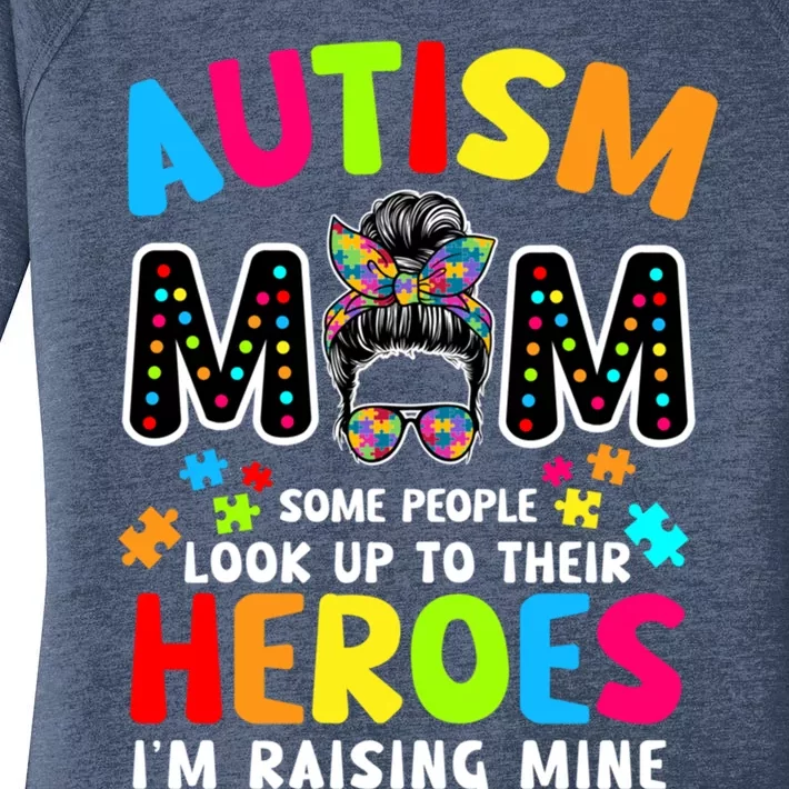 Puzzle Mommy Mama Autism Mom Raising Heroes Messy Bun Cute Gift Women's Perfect Tri Tunic Long Sleeve Shirt