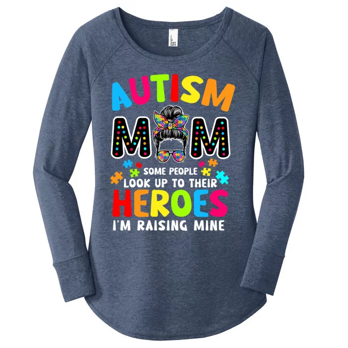 Puzzle Mommy Mama Autism Mom Raising Heroes Messy Bun Cute Gift Women's Perfect Tri Tunic Long Sleeve Shirt