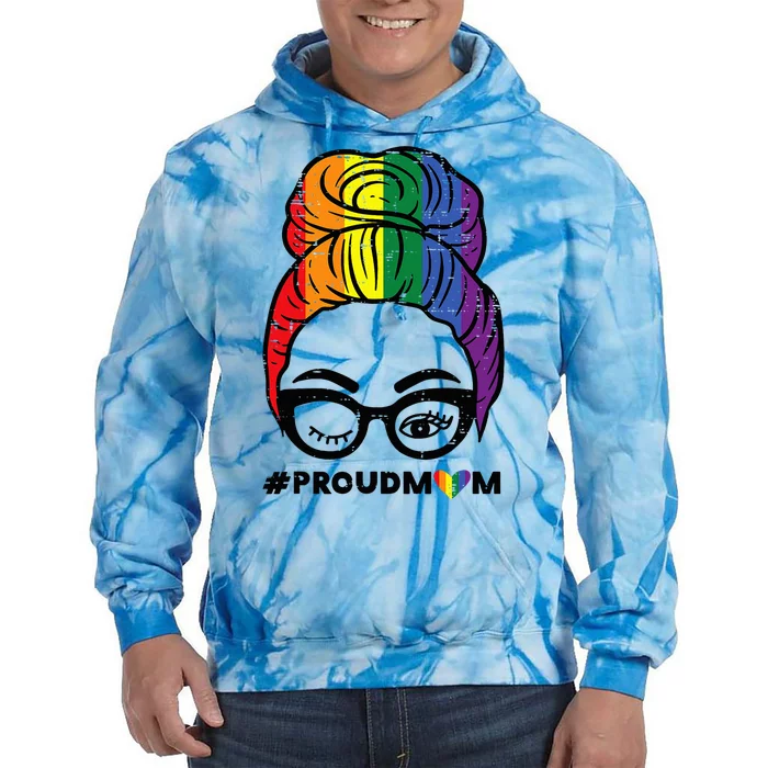 Proud Mom Messy Hair Bun Rainbow Flag Tie Dye Hoodie