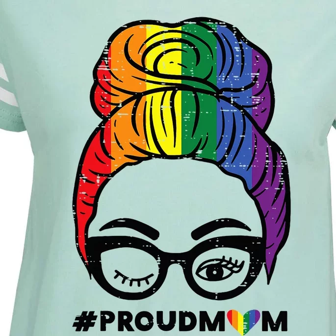 Proud Mom Messy Hair Bun Rainbow Flag Enza Ladies Jersey Football T-Shirt