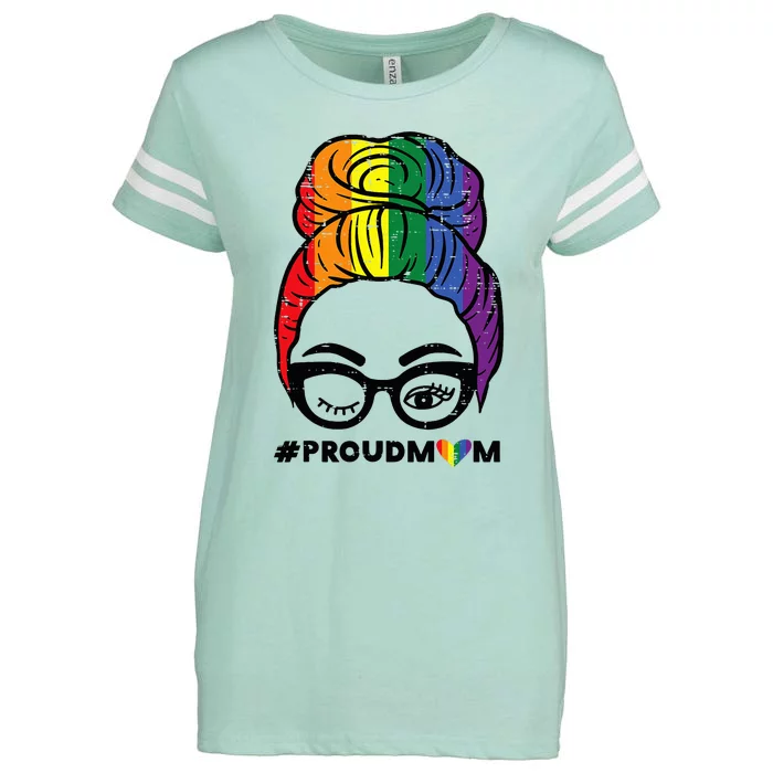 Proud Mom Messy Hair Bun Rainbow Flag Enza Ladies Jersey Football T-Shirt