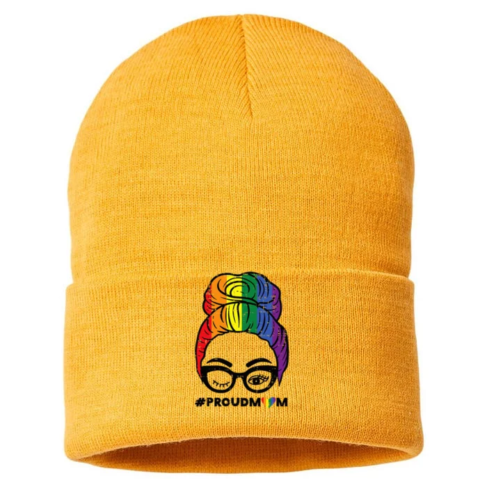 Proud Mom Messy Hair Bun Rainbow Flag Sustainable Knit Beanie