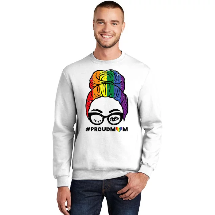 Proud Mom Messy Hair Bun Rainbow Flag Sweatshirt