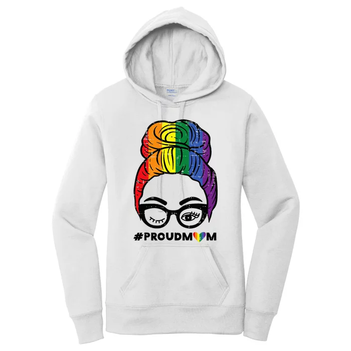 Proud Mom Messy Hair Bun Rainbow Flag Women's Pullover Hoodie