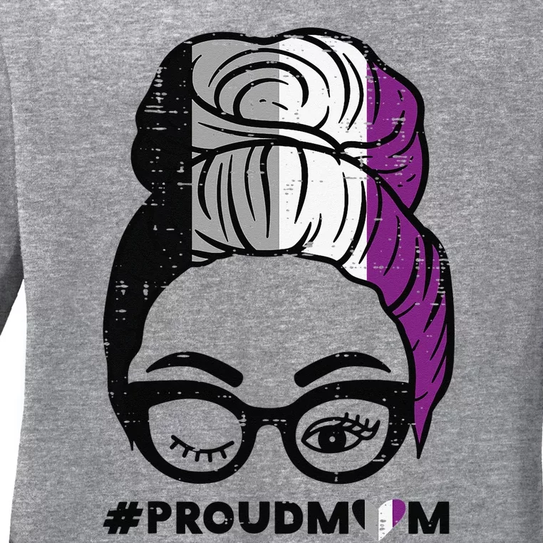 Proud Mom Messy Hair Bun LGBTQ Asexual Flag Ace Pride Ally Ladies Long Sleeve Shirt