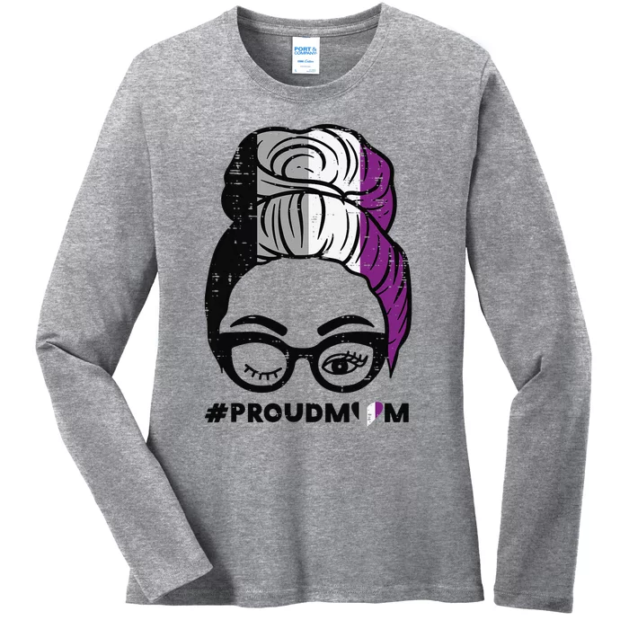 Proud Mom Messy Hair Bun LGBTQ Asexual Flag Ace Pride Ally Ladies Long Sleeve Shirt