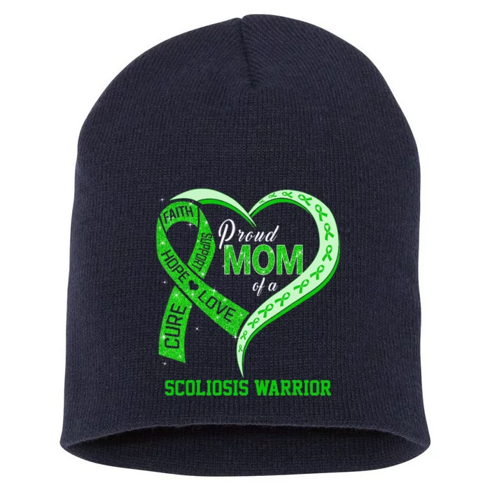 Proud Mom Of A Scoliosis Warrior Ribbon Heart Short Acrylic Beanie