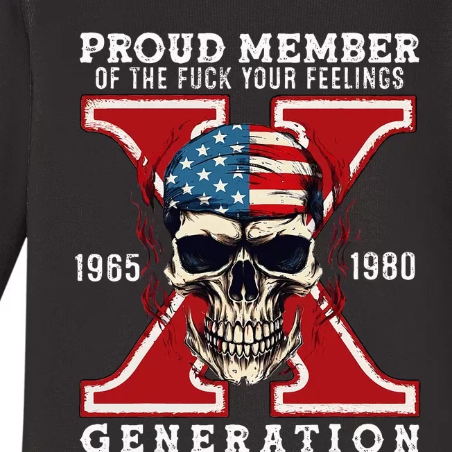 Proud Member Of The Fuck Your Feelings Gen X Horror Skull Baby Long Sleeve Bodysuit