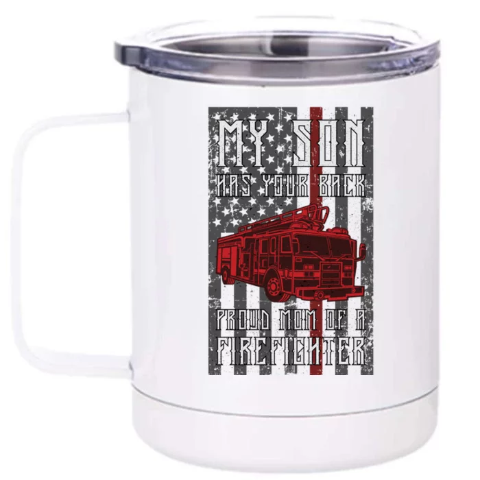 Proud Mom Of A Firefighter American Flag And Firetruck Gift Front & Back 12oz Stainless Steel Tumbler Cup