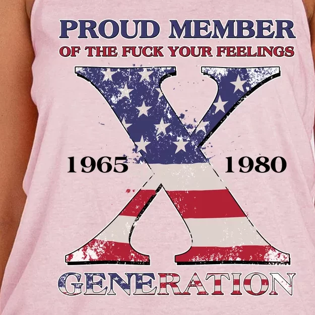 Proud Member Of The Fuck Your Feelings Generation 1965 1980 Gen X Women's Knotted Racerback Tank