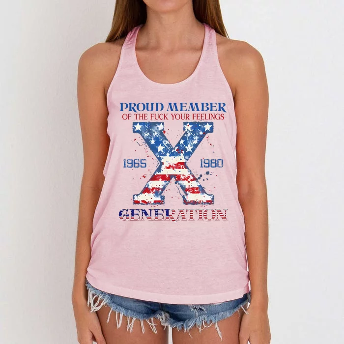 Proud Member Of The Fuck Your Feelings Gen X Usa 4th Of July Women's Knotted Racerback Tank