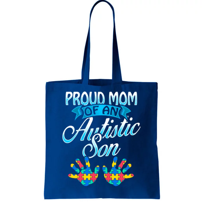 Proud Mom Of An Autistic Son Cute Gift Handprints Puzzle Tote Bag