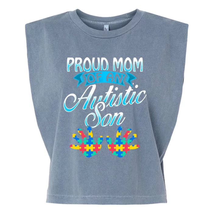 Proud Mom Of An Autistic Son Cute Gift Handprints Puzzle Garment-Dyed Women's Muscle Tee