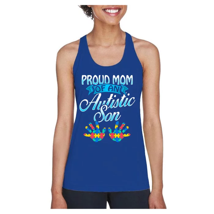 Proud Mom Of An Autistic Son Funny Gift Handprints Puzzle Women's Racerback Tank