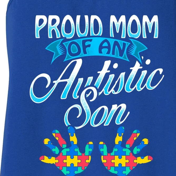 Proud Mom Of An Autistic Son Funny Gift Handprints Puzzle Women's Racerback Tank