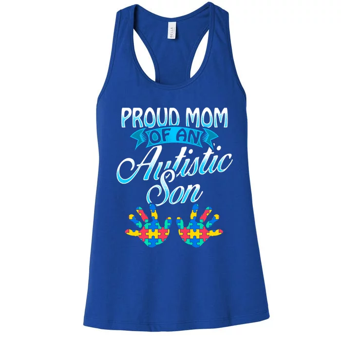 Proud Mom Of An Autistic Son Funny Gift Handprints Puzzle Women's Racerback Tank