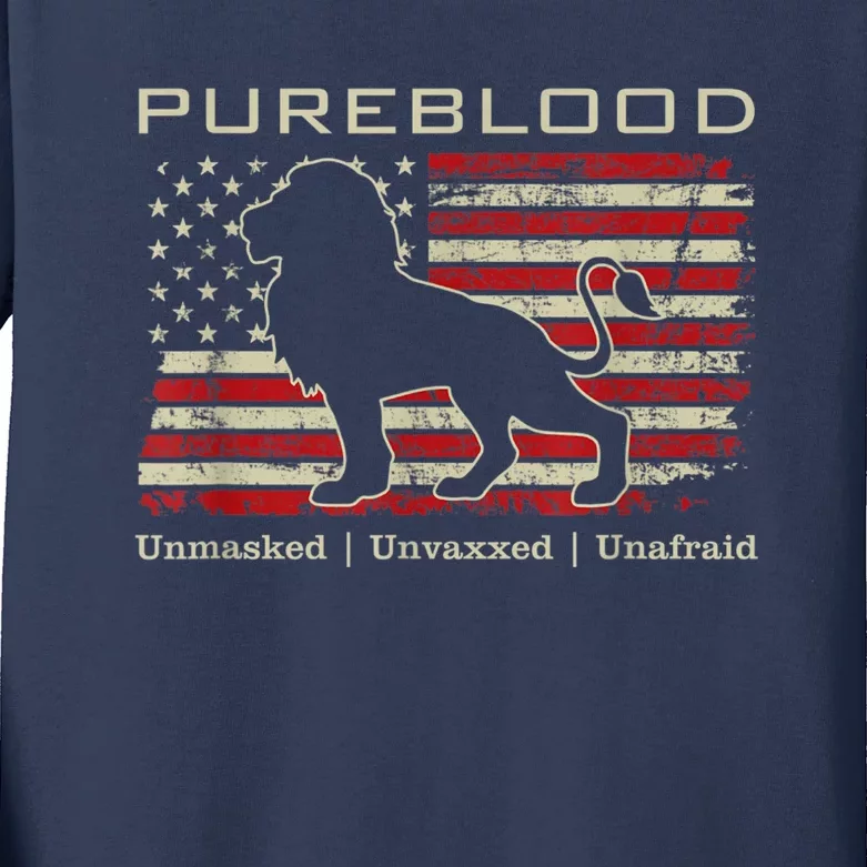 Pureblood Movement #Pureblood Medical Freedom Lion USA Flag Kids Long Sleeve Shirt