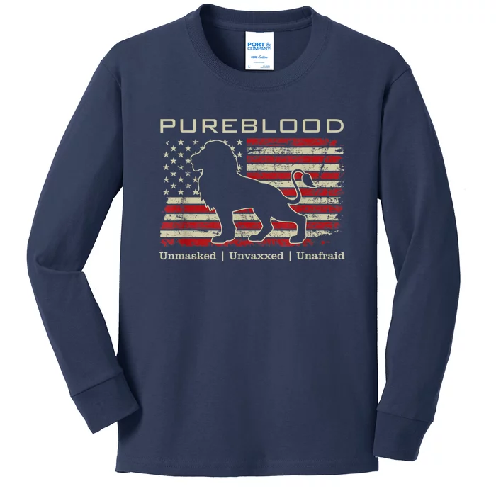 Pureblood Movement #Pureblood Medical Freedom Lion USA Flag Kids Long Sleeve Shirt