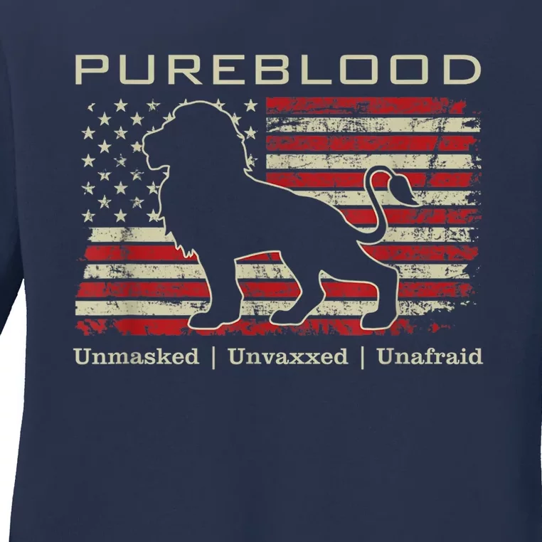 Pureblood Movement #Pureblood Medical Freedom Lion USA Flag Ladies Long Sleeve Shirt