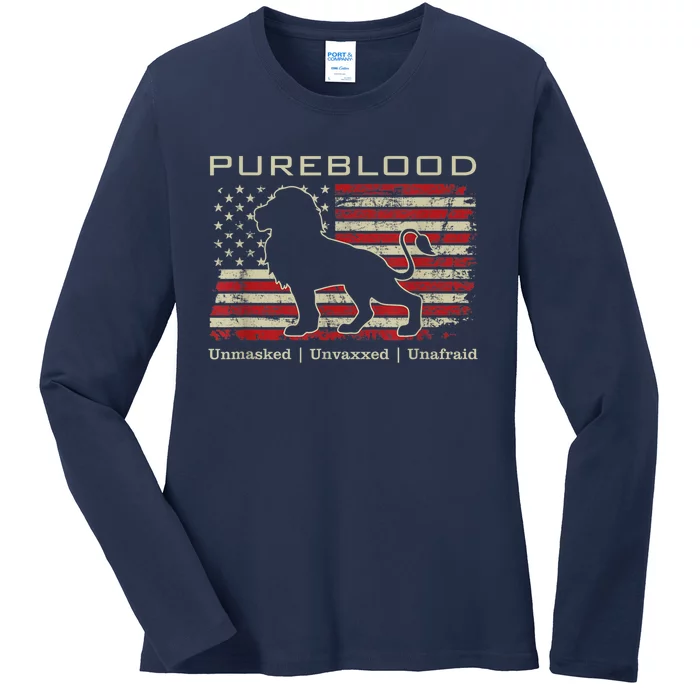 Pureblood Movement #Pureblood Medical Freedom Lion USA Flag Ladies Long Sleeve Shirt