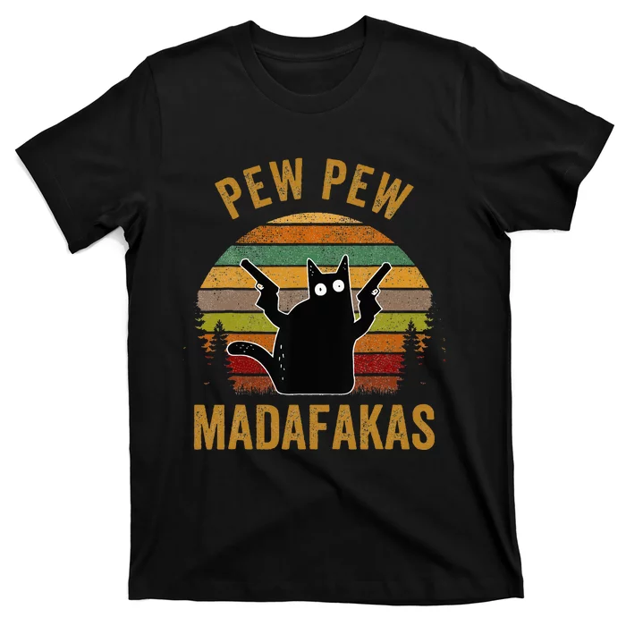 Pew Madafakas Pew Guns Funny Black Cat Retro Vintage T-Shirt