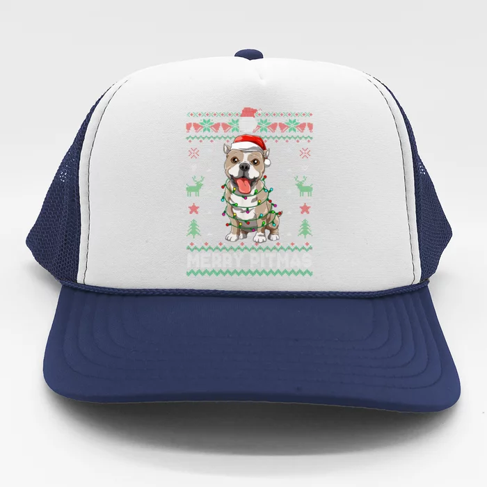 Pitbull Merry Pitmas Santa Pittie Ugly Christmas Sweater Trucker Hat